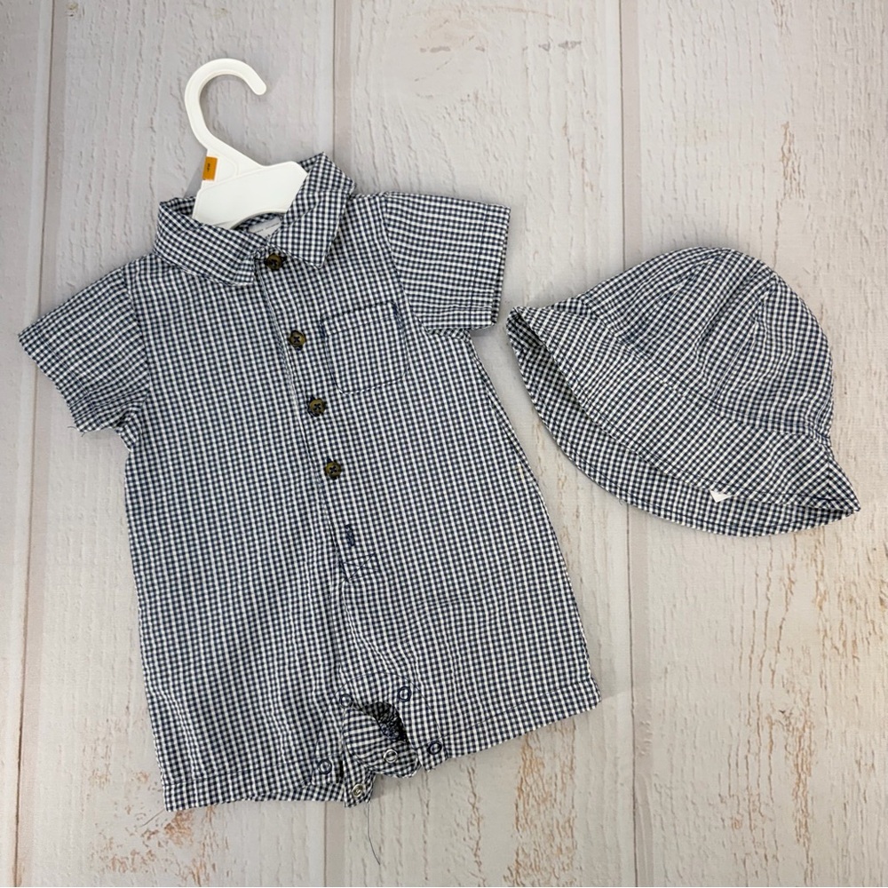Carter’s‎ 3M Gingham Romper + Hat Baby Outfit Blue White Pre-Owned